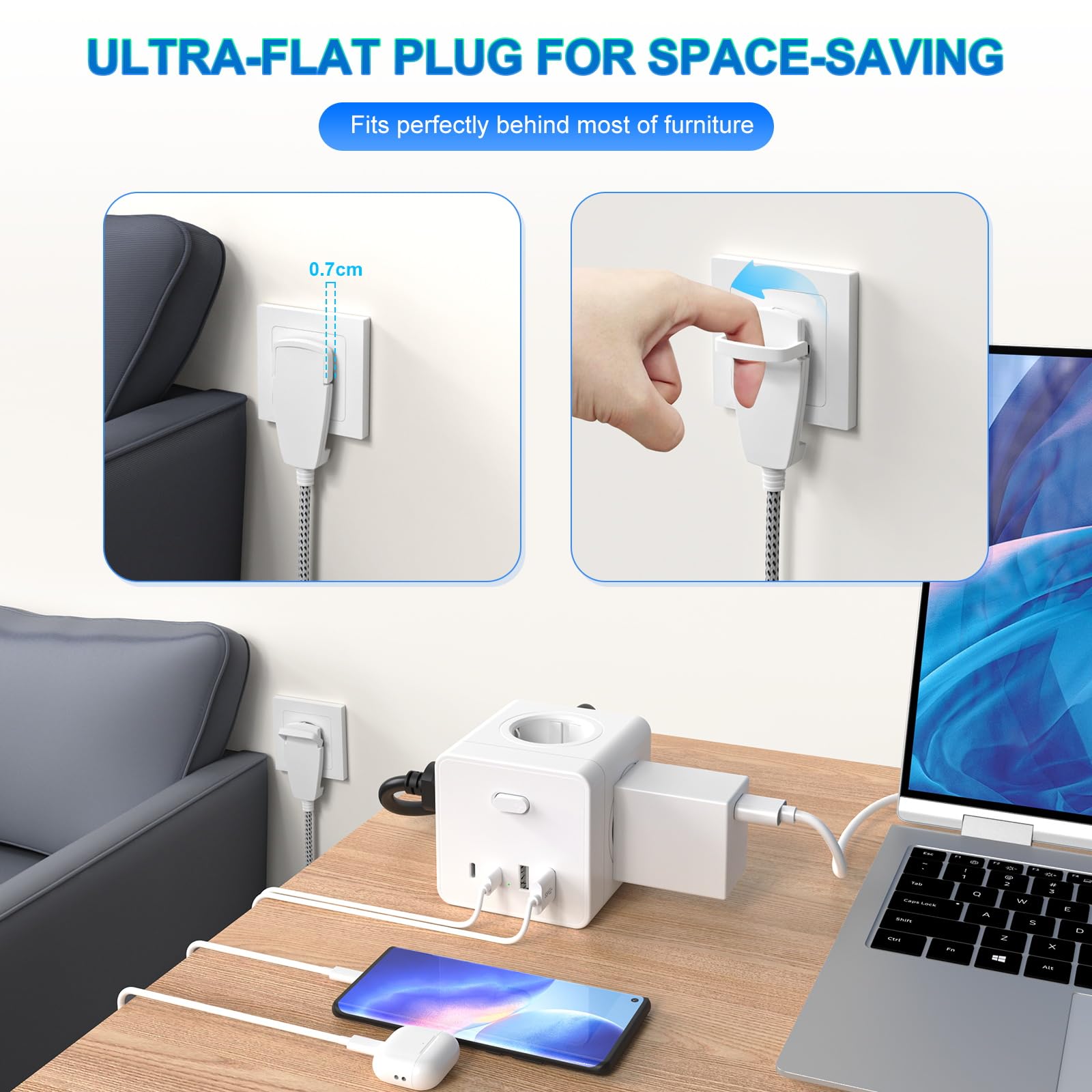 Kostka do gniazdka, z 2 USB A i 2 USB C, 4-krotny adapter z przełącznikiem, 8 w 1 z kablem 3M, do biura, domu, biała