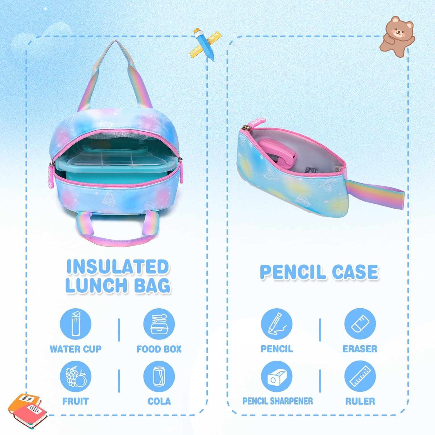 Sweet Girls Backpack - Stylish Splash-resistant School Bag with Multiple Pockets & Trendy Laptop Compartment(17inch Set Blue) - Image 5