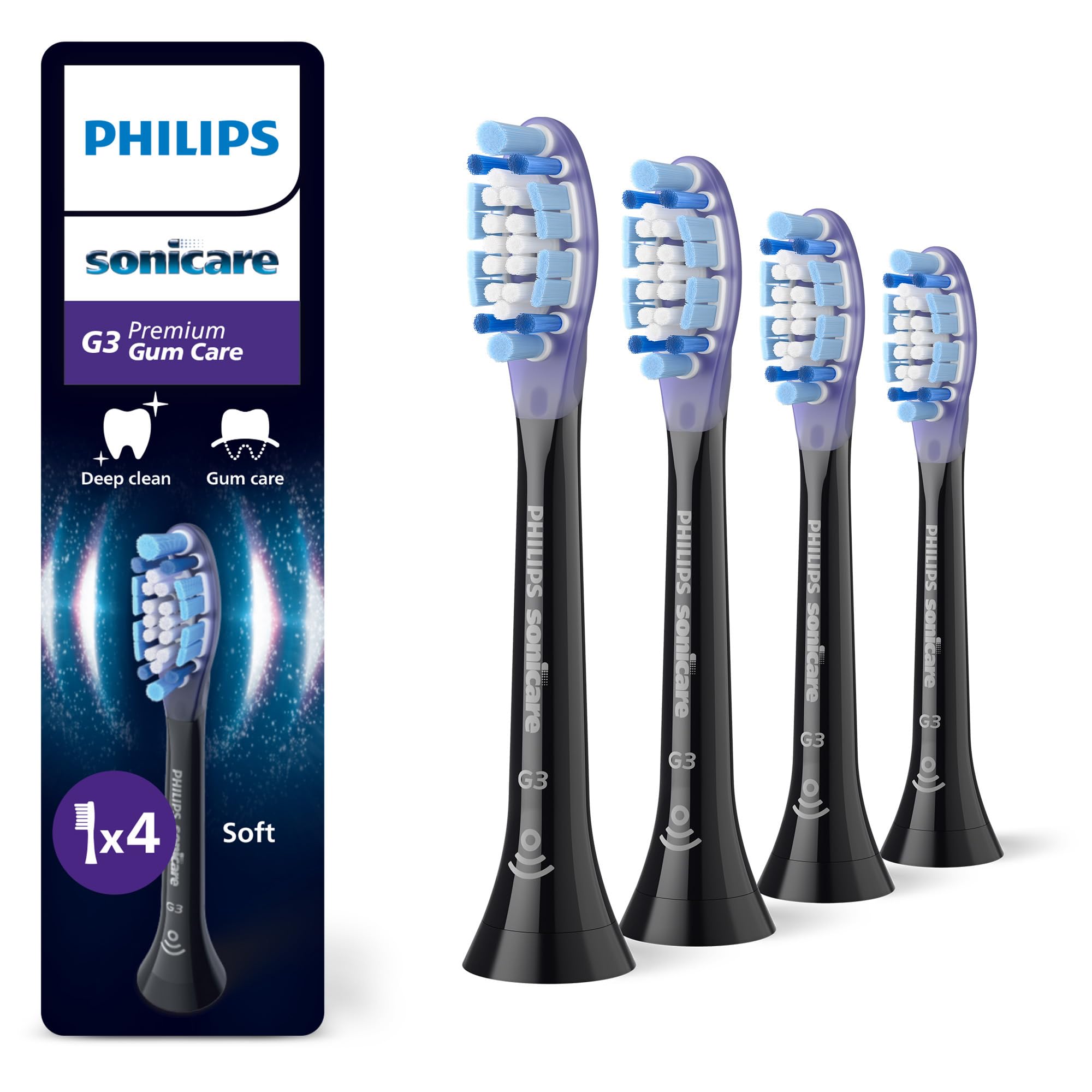 Philips Sonicare G3 Premium Gum Care – Original Ersatzbürstenköpfe, 4er-Pack, Schwarz (HX9054/88)