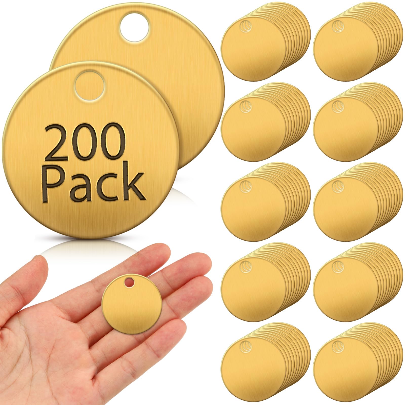 Hicarer Solid Brass Tags for Stamping Round Brass Key Tags Blanks with Hole for Pets Plants Doors Pipe Valves Equipment Tool and Keys Labeling (1.25 Inch,200 Pcs)