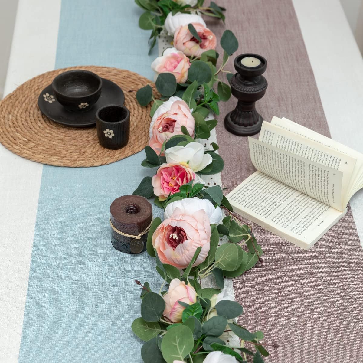 Floweroyal 2 Pack Artificial Flower Garlands 11.2FT Eucalyptus Garlands with Flowers 8 Head Peony Flower Vine Faux Floral Garland for Wedding Arch Table Wall Backdrop Wreath Decoration. (Pink & White) - Image 5