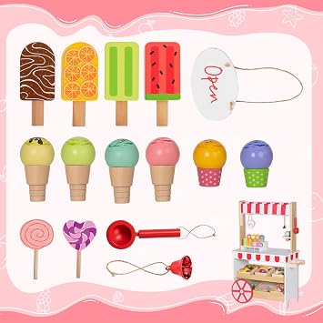 Ice Cream Cart Playset, Wooden Grocery Store with Display Shelf