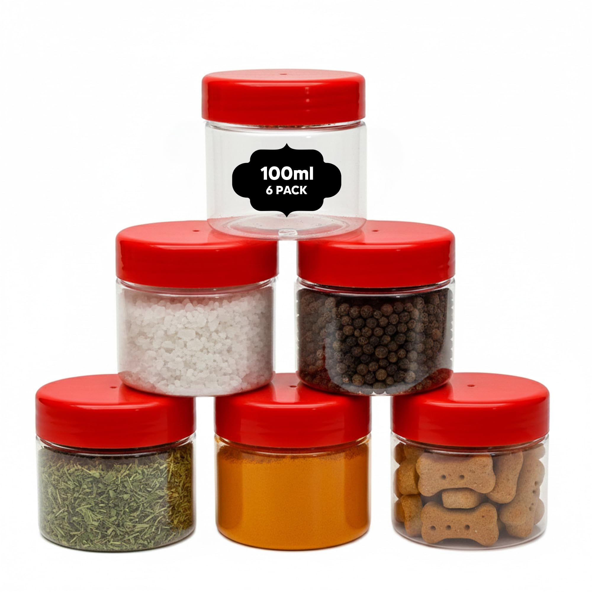 AXXTAN 6 x 100ml Plastic Jars with Lids Airtight, Stackable, BPA-Free Clear Storage Containers for Spices, Sweets, Crafts, Dog Treats - Reusable & Durable