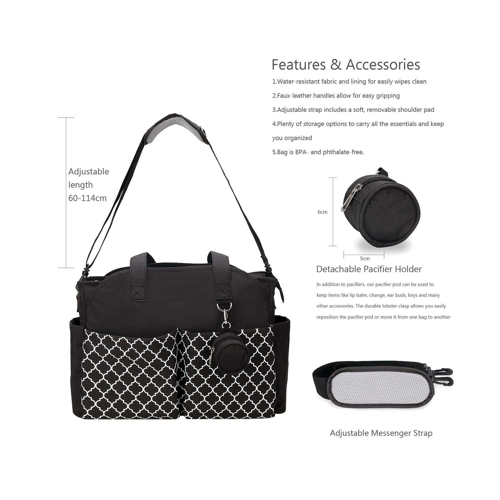 Wickeltasche Windeltasche Reisetasche Handtasche Aus Robustem Polyester mit Verstellbaren Trägern Und Praktischer Aufteilung für Mütter Unterwegs Im, Schwarz