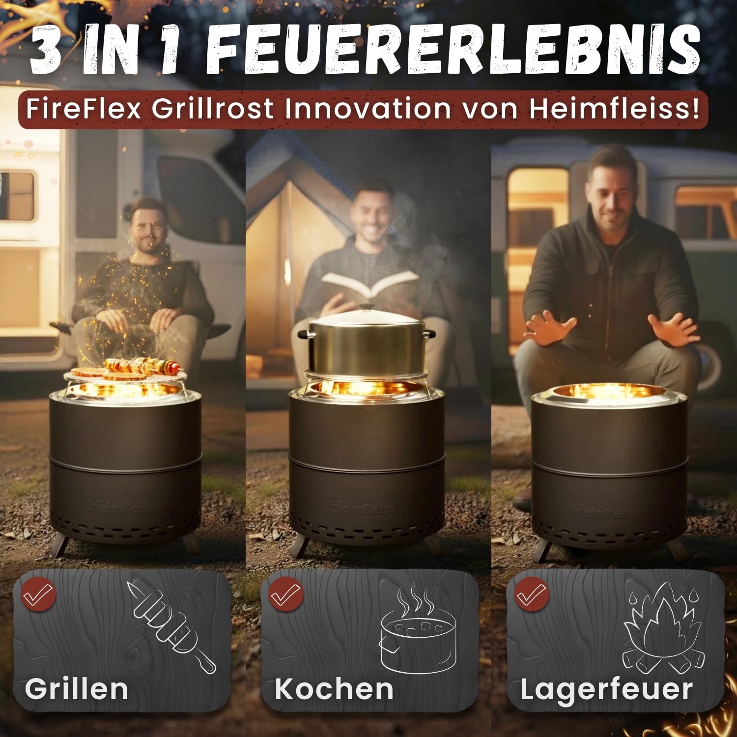 Heimfleiss® Rauchfreie Feuerschale Edelstahl Ø50cm Feuerkorb mit Grillrost für Garten Camping Balkon Terrasse
