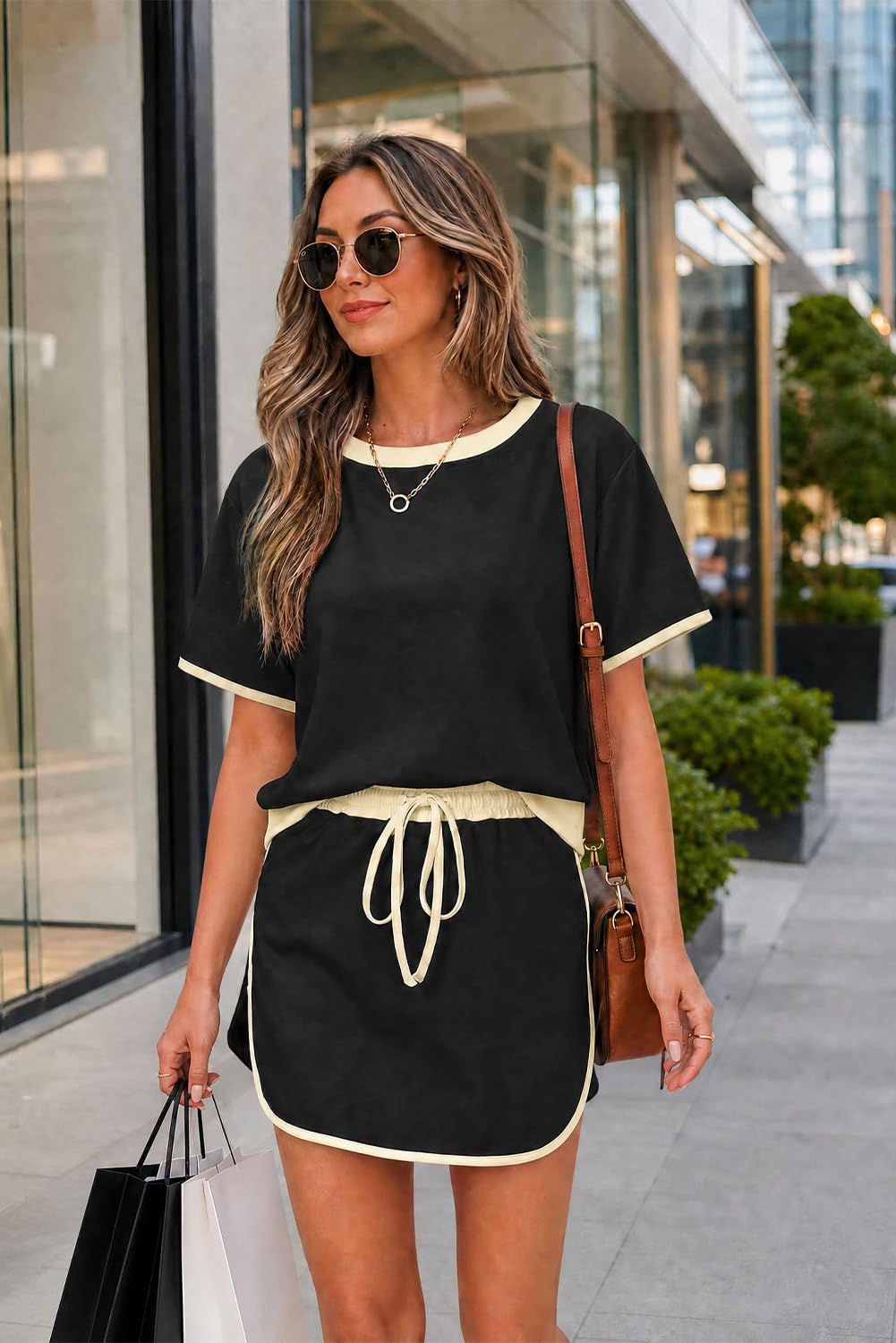 Opemiby Conjunto de 2 piezas para mujer, camiseta casual de manga corta y falda con cordón a juego para salir