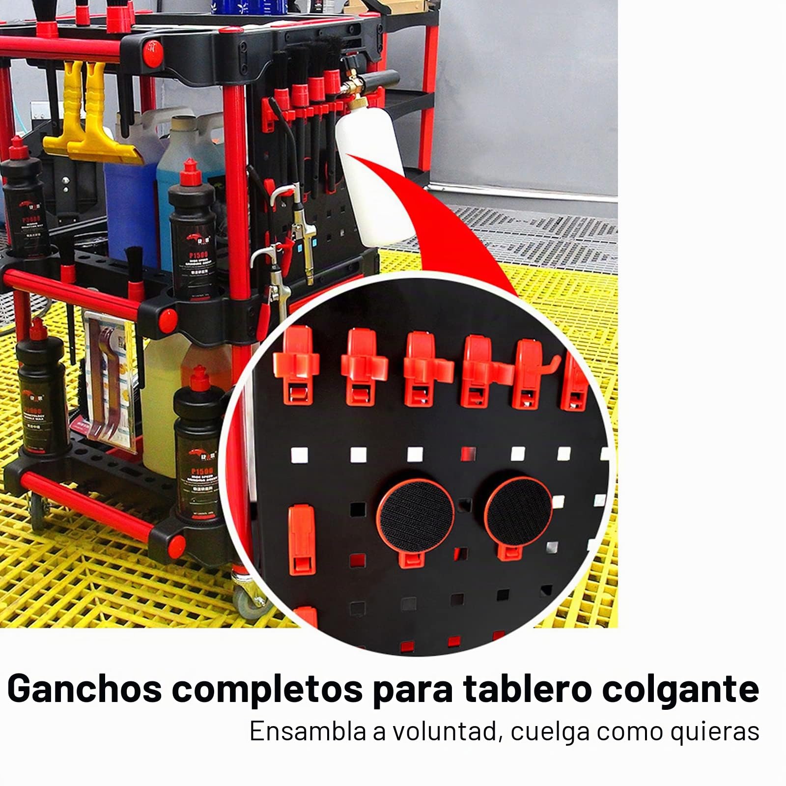 Carrito de detalles de coche con ruedas, carrito de detalles de lavado de autos de 3 niveles con placa lateral para colgar y ganchos, para mecánicos y detalladores durante las reparaciones, carrito de