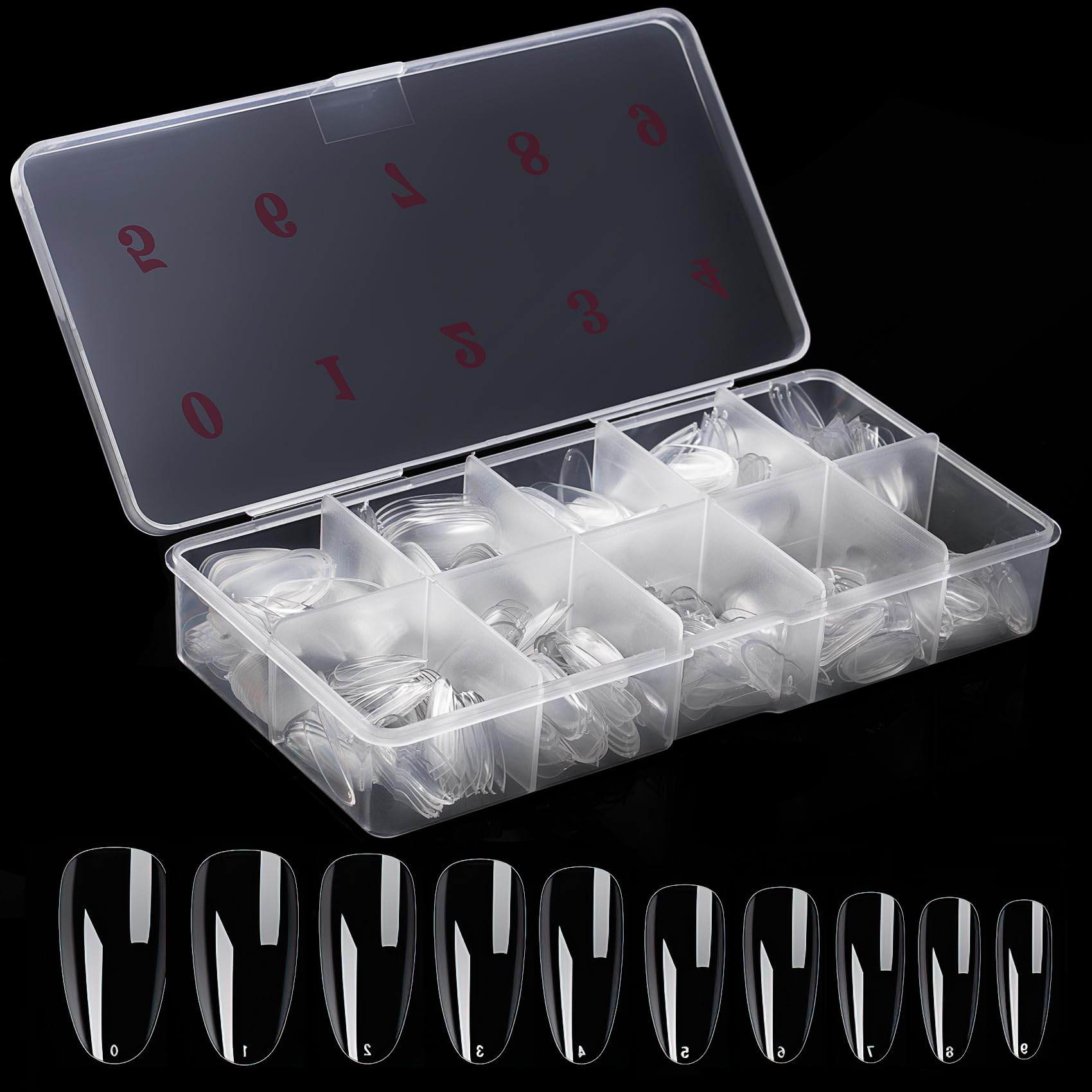 Clear Nail Tips Long Oval False Nails Acrylic Nail Tips 500 Pcs, Pre-shaped Clear Full Cover Nails Gel Nail Kit with 10 Different Sizes for DIY Nail Art