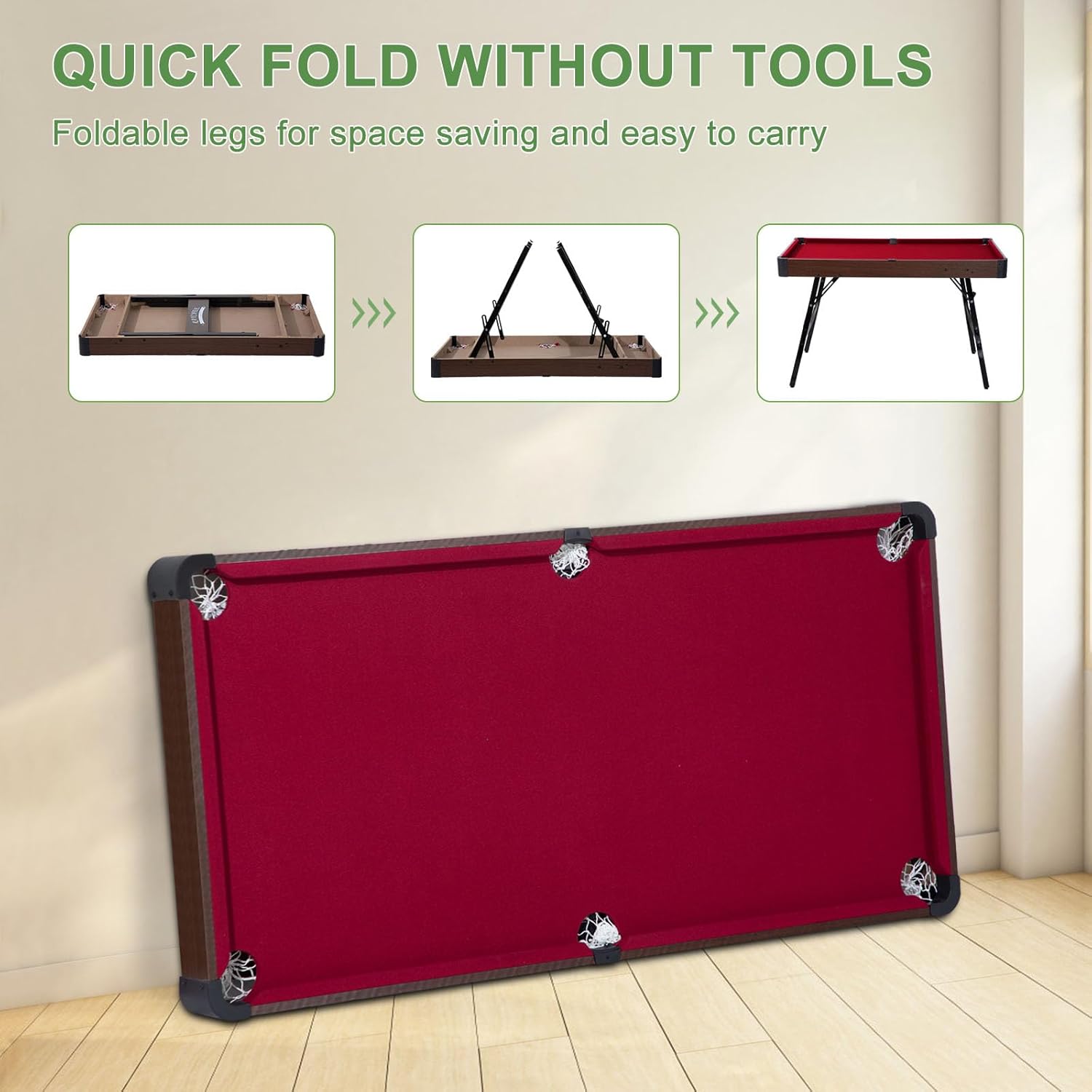 Folding Pool Table, Portable Billiard Game Tables for Kids and Adults, Mini Pool Table with Locking Legs, Adjustable Feet, Balls, Cues, Triangle, Chalk, Brush