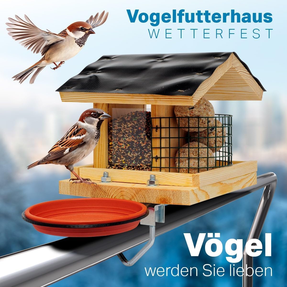 Vogelfutterhaus Vogelhaus für Balkon wetterfest Futterhaus balkongeländer Holz imprägniert Handarbeit Gartenvögel im Garten Balkonhalterung mit Einer Größe von 30 bis 60 mm (Balkon 2)