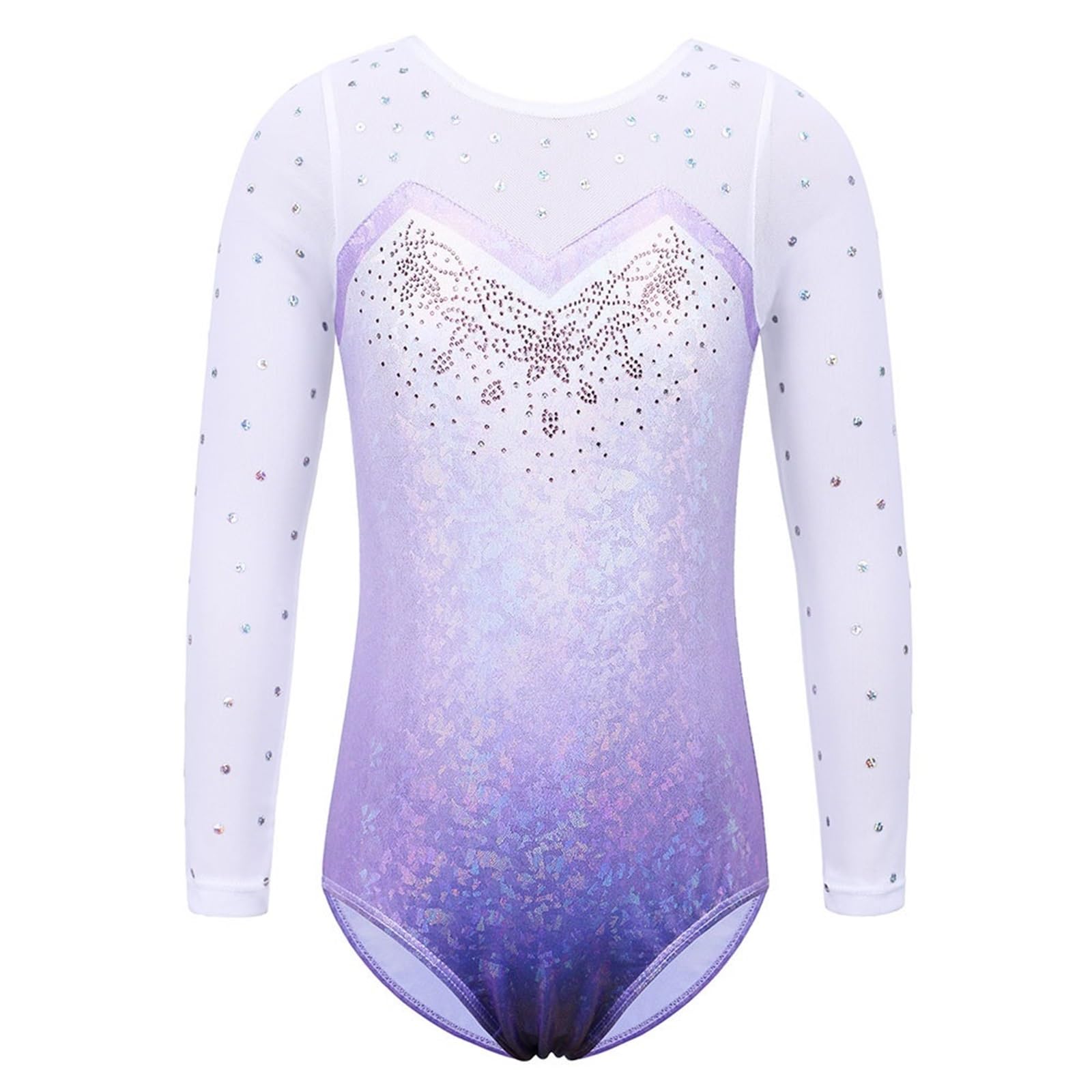 Maillot Gimnasia Ritmica Leotardos de Malla de Retazos de Manga Larga for niñas, niños pequeños, Mono de Gimnasia con Diamantes, Ropa de Gimnasia for Adolescentes(B270 Lightblue,4A)