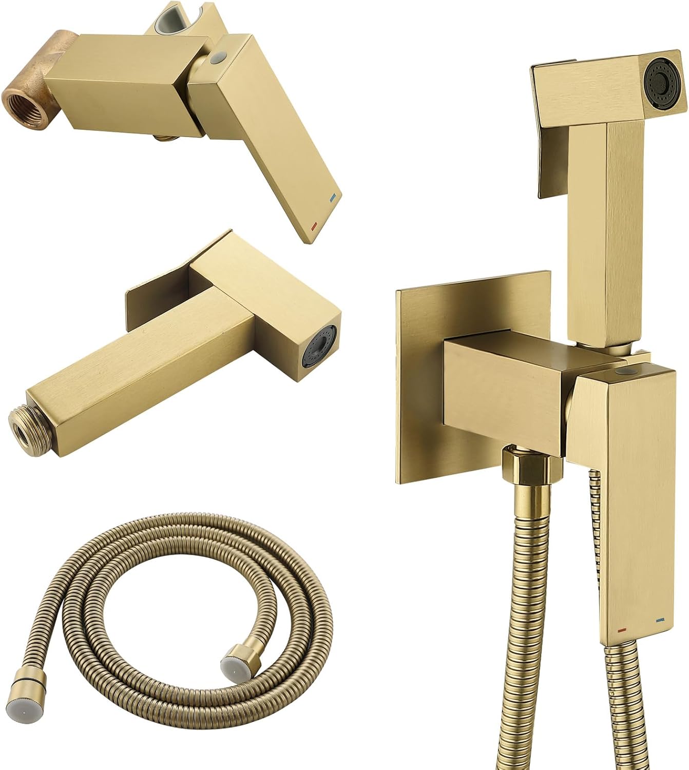 BARROCK Warm Water Bidet Sprayer Faucet for Toilet with Hot and Cold Brass Rough-in Valve, Stainless Steel Square Handheld Bidet Attachment Set For Feminine, Pets and Baby Diaper Washing, Brushed Gold