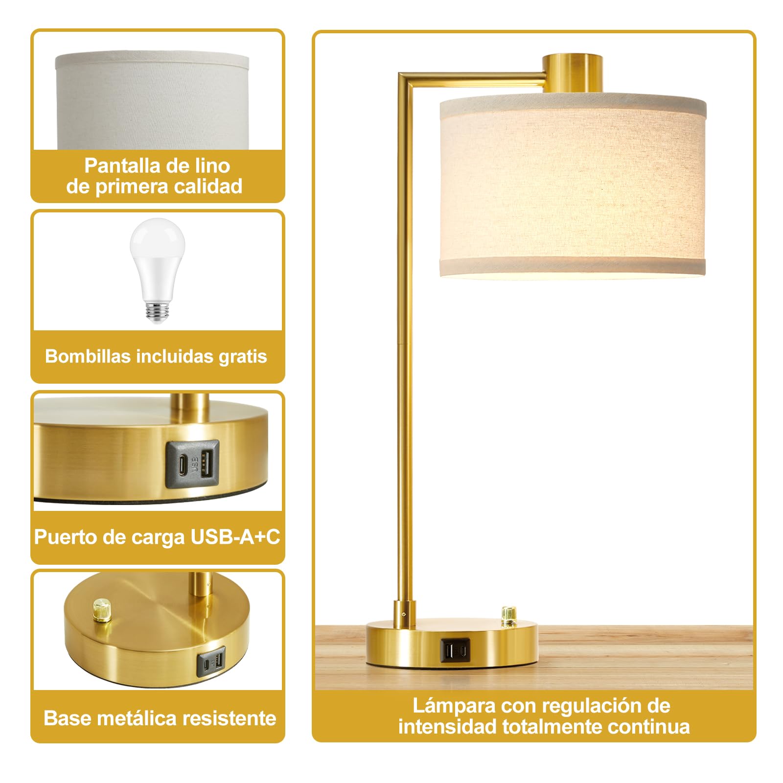 GyroVu Lámpara de mesa para dormitorio, puertos USB C+A, lámpara de mesilla grande, lámpara de mesilla regulable sin escalonamientos con pantalla de lino para salón, lectura y oficina (Dorado)