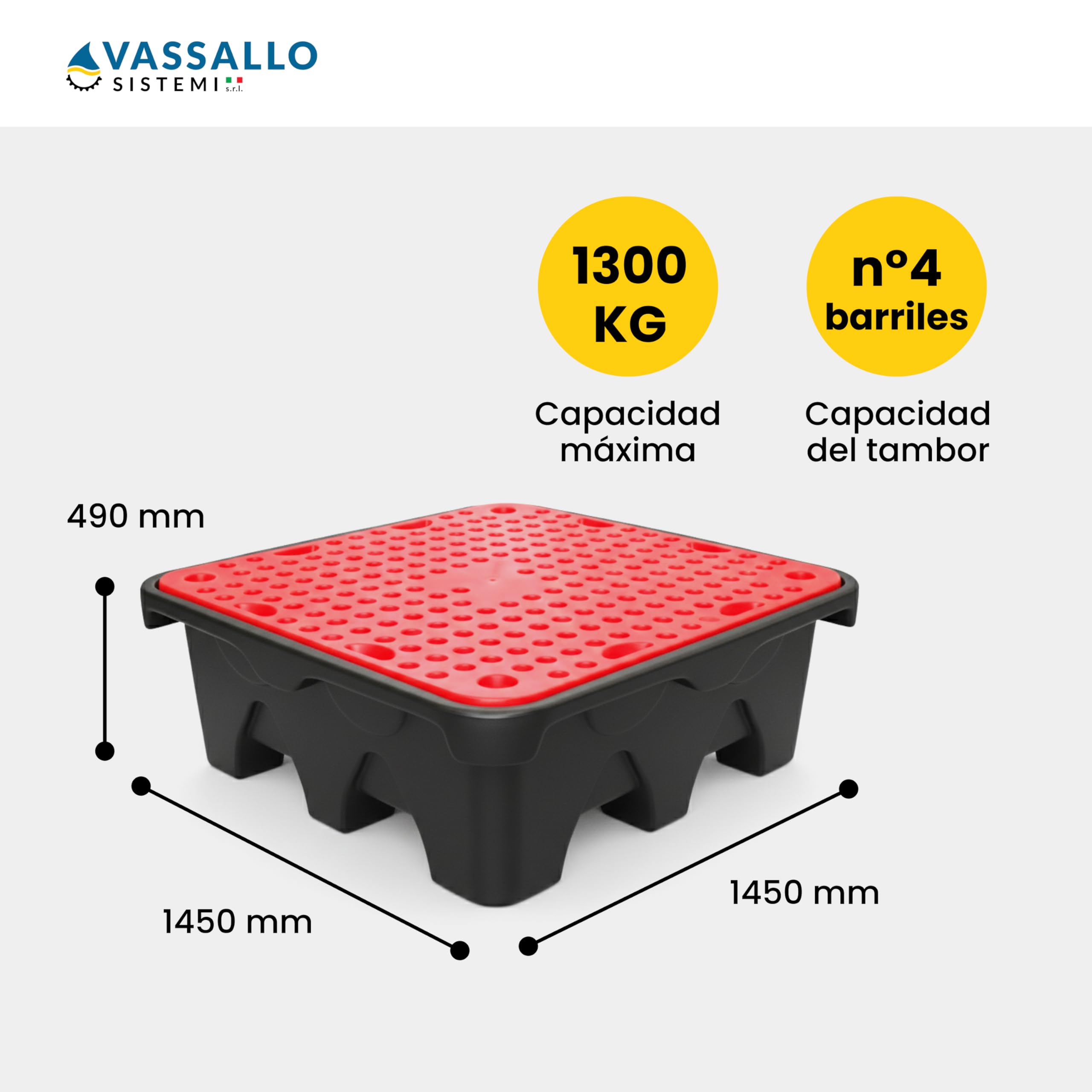 Cubeta de recolección de Polietileno para 4 bidones - Depósito Profesional de 450 l para aceites y líquidos químicos - Plataforma de Almacenamiento apilable con Rejilla extraíble - Vassallo Sistemi