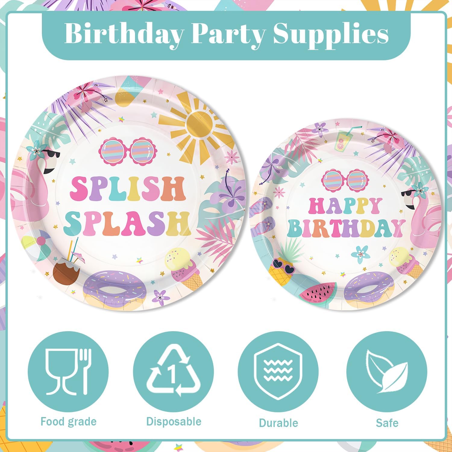 MEHOFOND 96pcs Pink Splish Splash Birthday Decorations for Girls, with 4 Pack Splish Splash Birthday Disposable Tablecloths