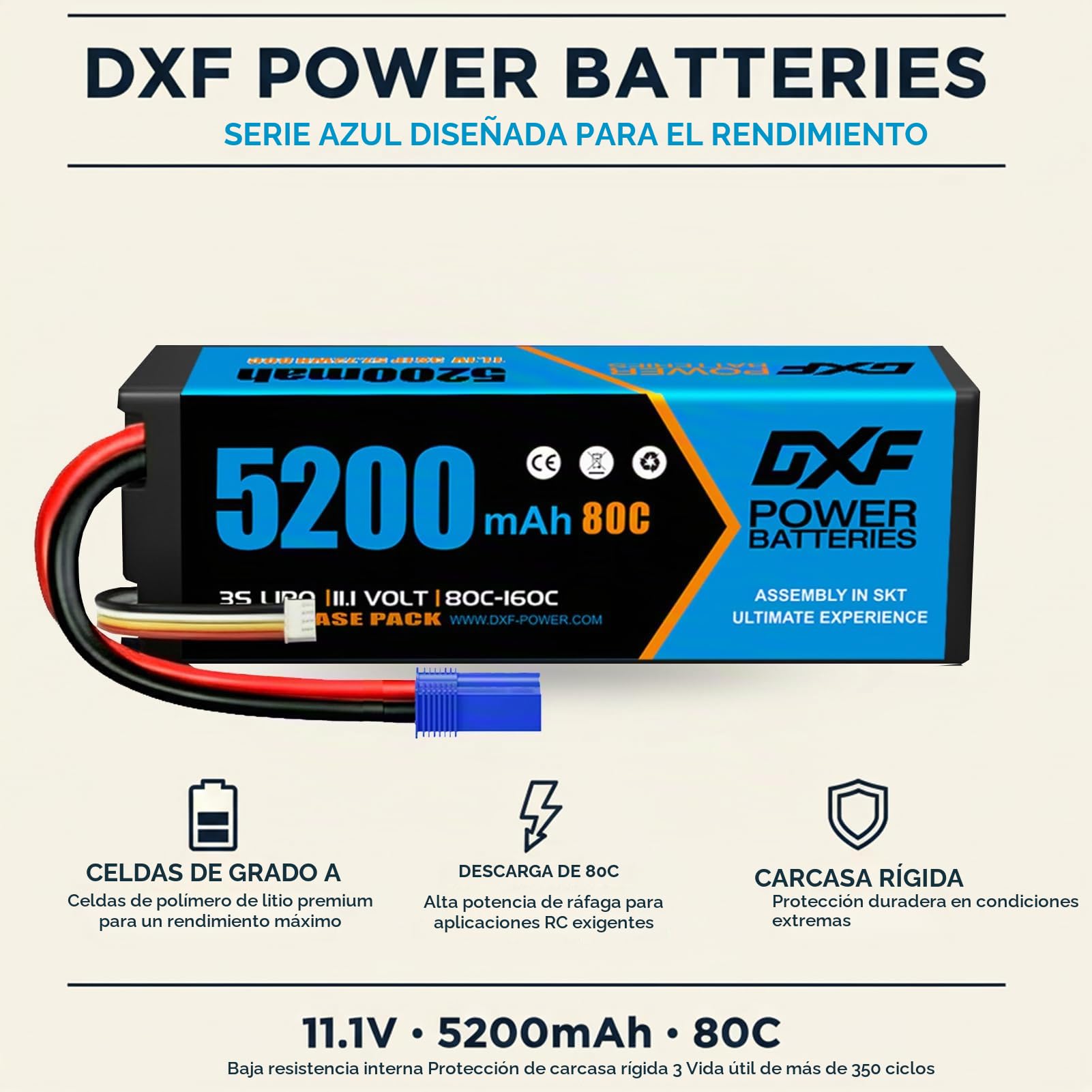 DXF 2 Pack Batería LiPo 3S 11.1V 5200mAh 80C Conector EC5 Helicóptero Avión Coche RC Barco Drone Multirotor Buggy Truggy 1/8 1/10 Polímero Litio Alta Descarga Brushless