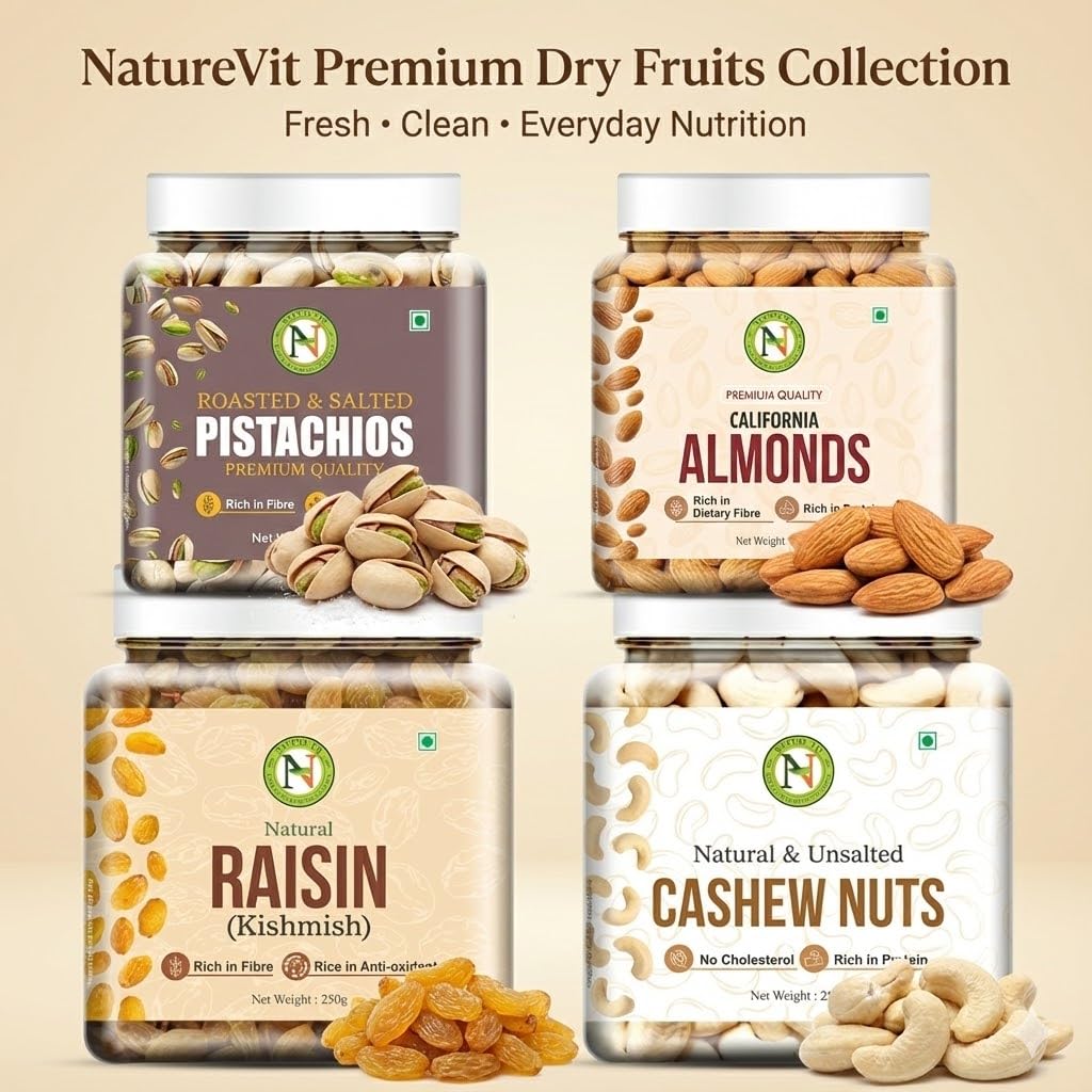 Nature Vit Dry Fruits Combo Pack, 1 Kg | Almond, Cashew, Raisins, Roasted Pistachio (250gm * 4) | Tasty, Fresh & Healthy | High in Protein