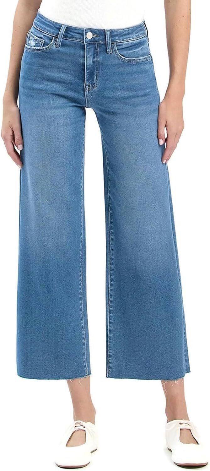 VERVET Women's Comfort Stretch High Rise Raw Hem Crop Slim Wide Jeans