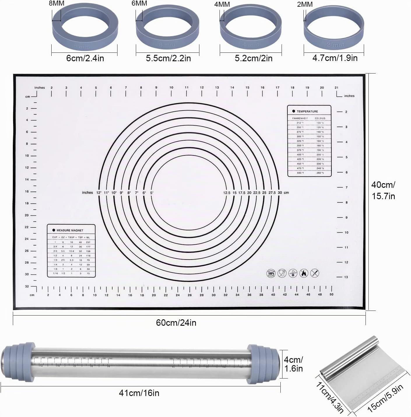Rouleau à Pâtisserie Antidérapant en acier Inoxydable pour la Cuisson avec Tapis de Cuisson en Silicone et Grattoir, Anneaux D'épaisseur Réglables Amovibles, Accessoires de Cuisson