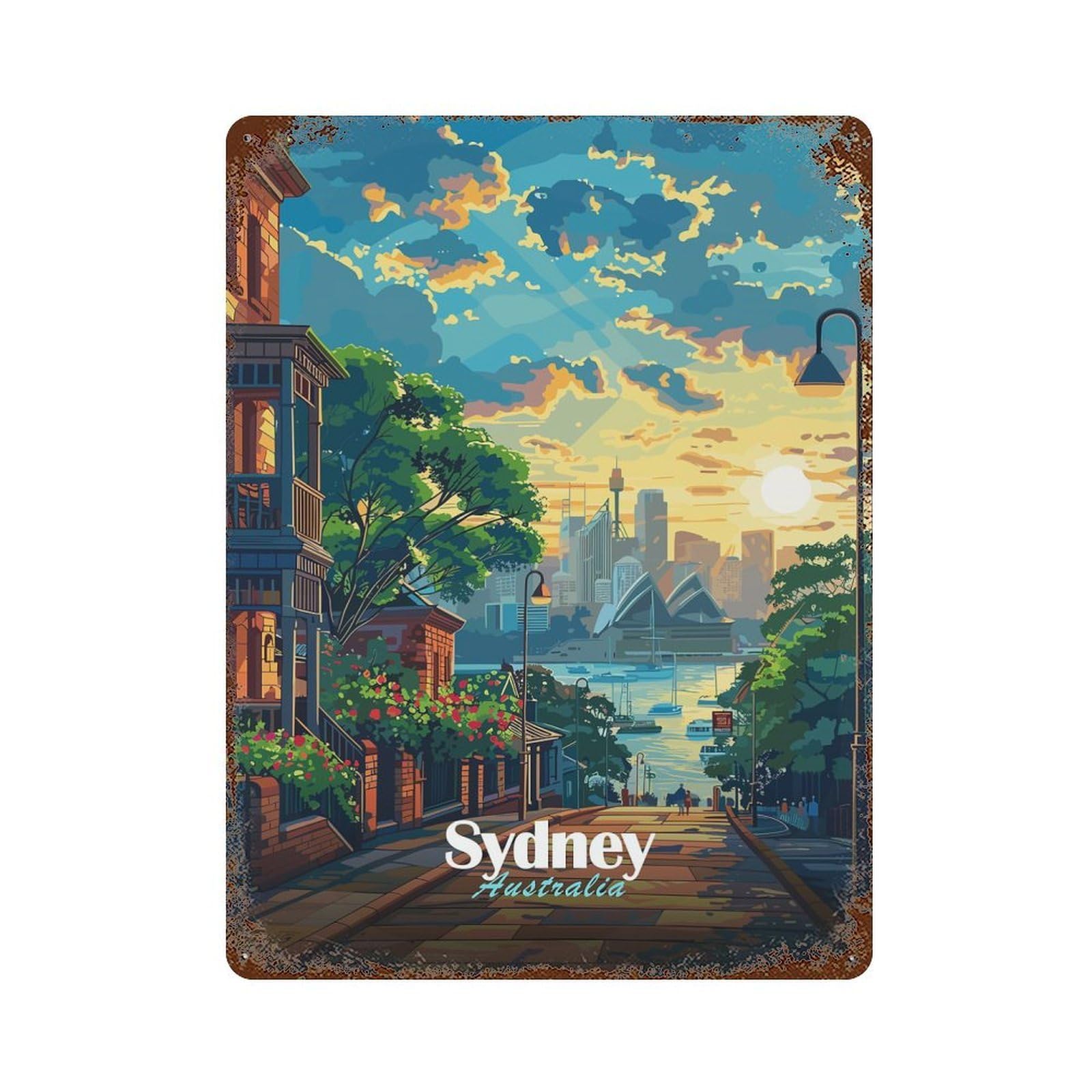 Sydney Sunset Cityscape Vintage Rust Metal Sign 15.7"x11.8", Shabby Chic Decor for Garage, Pub Or Kitchen