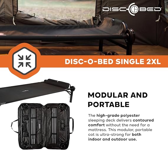 Disc-O-Bed 2XL Outdoor Modular 1 Person Single Camping Cot Portable Bed with 2 Height Options for Adults, Sleep Solution for Tents, Black