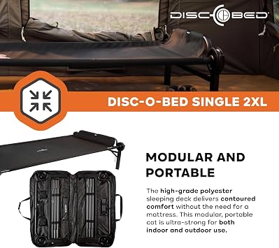 Disc-O-Bed 2XL Outdoor Modular 1 Person Single Camping Cot Portable Bed with 2 Height Options for Adults, Sleep Solution for Tents, Black