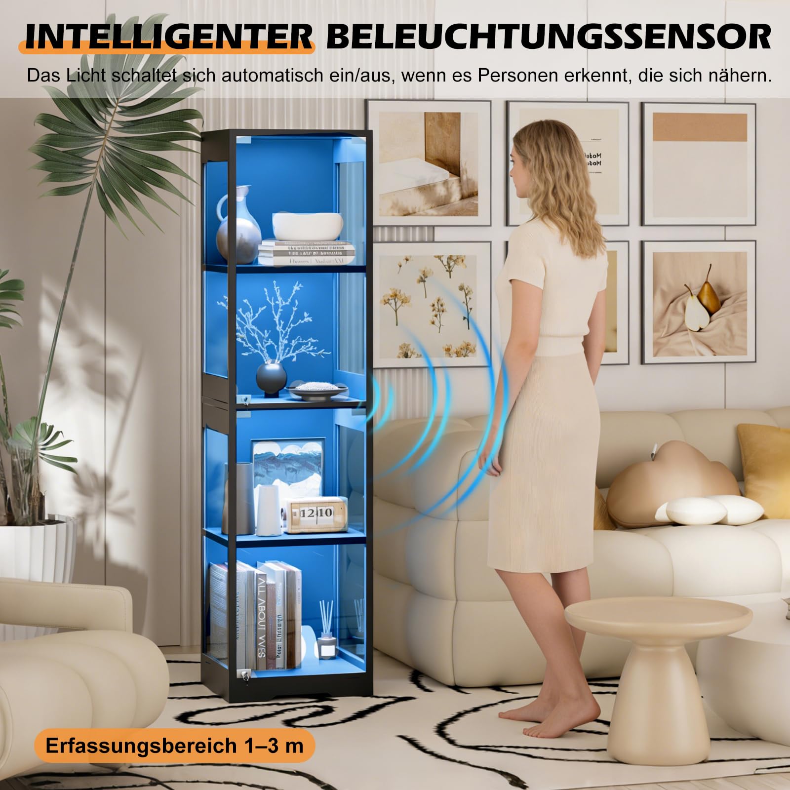 Vetrina in vetro con illuminazione a LED, vetrina con vetro temperato di sicurezza e chiusura magnetica, vetrina da collezione con sensore intelligente, 4 strati, antipolvere, per soggiorno, ufficio