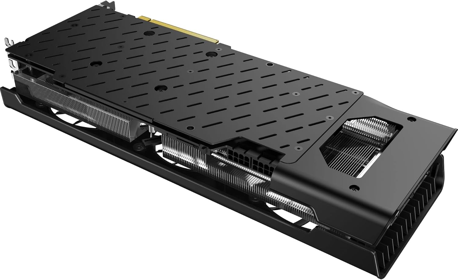 Bottom view of the XFX Speedster SWFT319 graphics card showing the heatsink fins