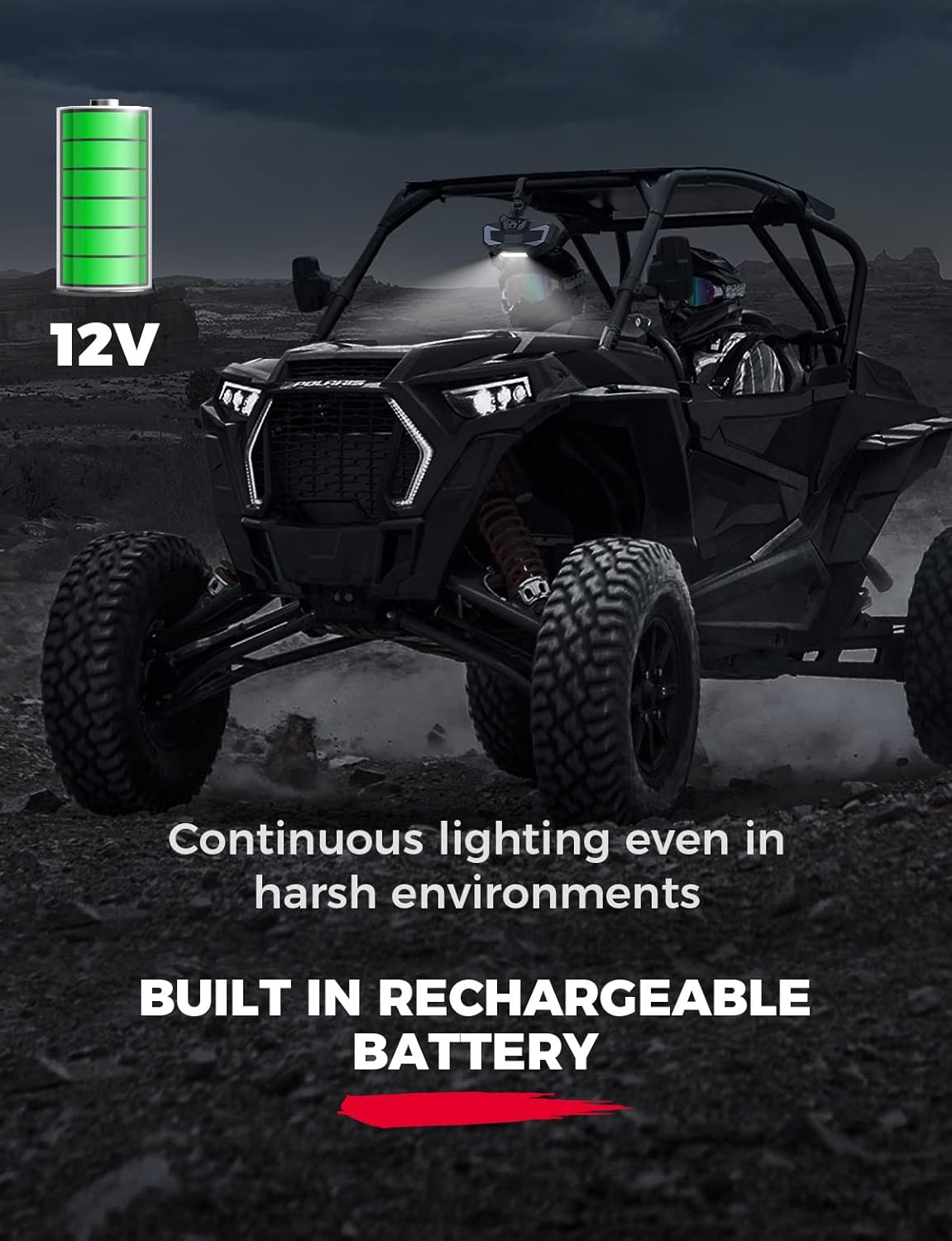 KEMIMOTO UTV Rear View Mirror with Light Built-in Rechargeable Battery, 360° Adjustable Heavy-Duty UTV Mirror Fits 1.5-2 inch Roll Bar Compatible with Polaris RZR Kawasaki Mule Pioneer Talon Can Am X3