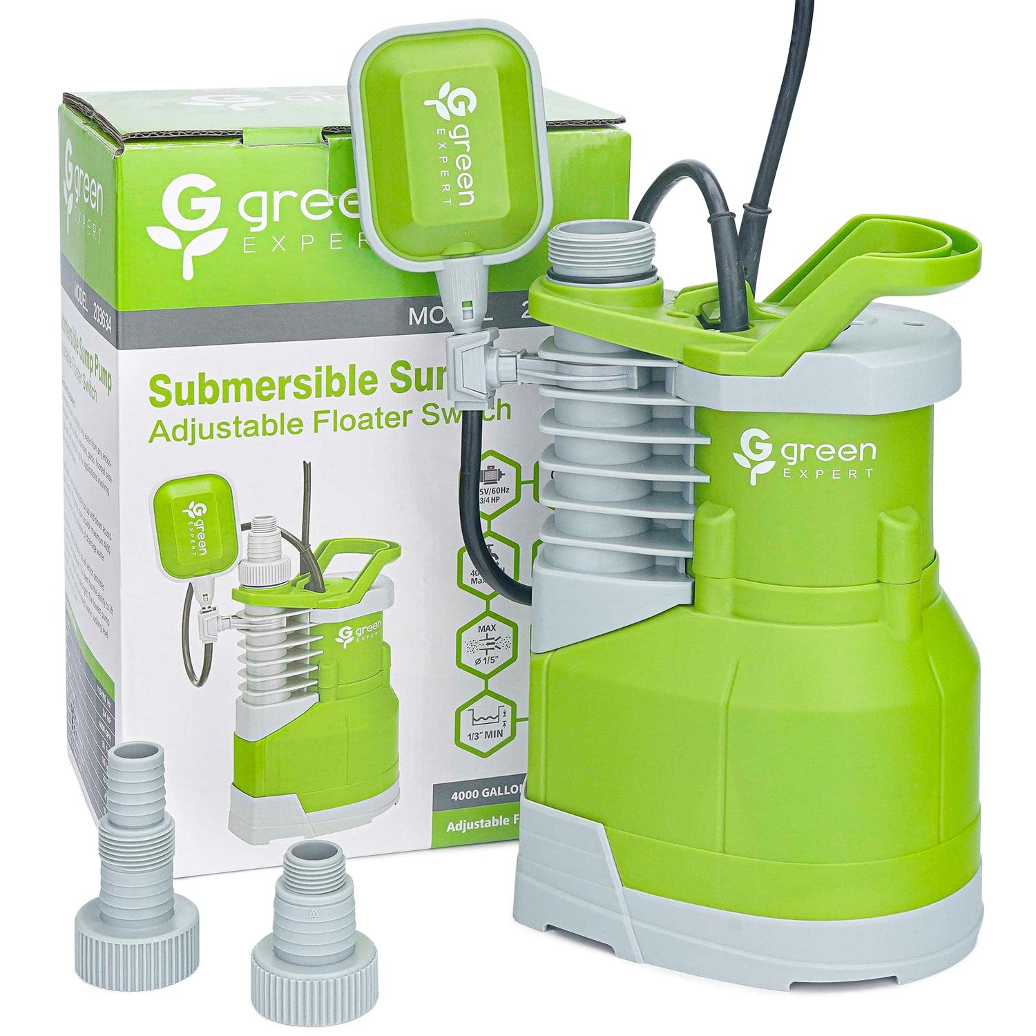 Green Expert 3/4HP Sump Pump Max 4000GPH High Flow with Adjustable Floater Manual Automactic On/Off Switchable for Quickly Water Removal Top Discharge 25-Feet Power Cord 203634