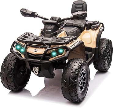 2 Seater Ride On Car, 24V 4WD Electric ATV Car for Kids, Leather Seaters, Safety Belt, Bluetooth, 1.86 to 4.79 Mph 4 Wheeler Electric Toy Car As Gift for Boys, Girls, Brown