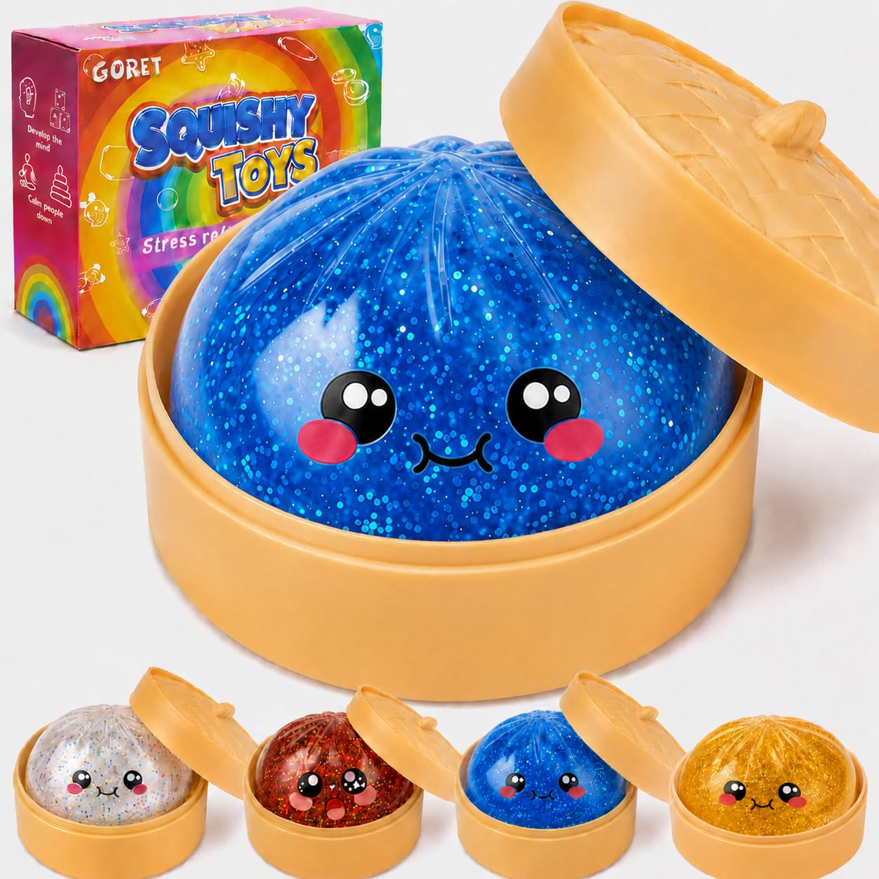 Glitter Squishy Toy,Fidget Sensory Toys, Stress Ball for Anxiety Relief, Kawaii Squeeze Toy for Teens & Adults, Desk Toy, Party Favors, Classroom Prizes,Squishys with Steamer (Blue)