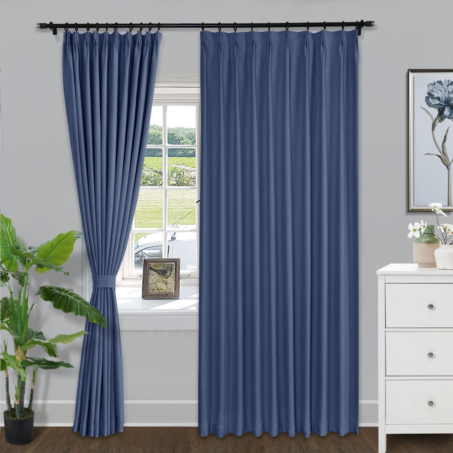 Fcosie 50" W x 96" L Pinch Pleat Room Darkening Curains for Living Room Bedroom, Heavy Faux Linen Blackout Drapes with Tieback, Sun Blocking Window