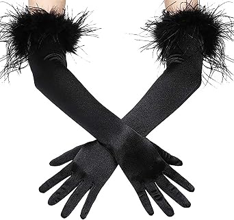 قفازات نسائية من Acenail Black Feather Satin Opera Evening Wedding - بطول الكوع، مثالية لأزياء العشرينيات أو الهالوين