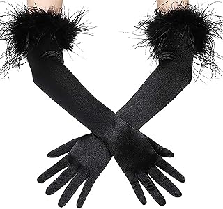 Black Feather Satin Opera Evening Wedding Women's Gloves - Elbow Length, Perfect for 1920s Costume or Halloween - Buy now