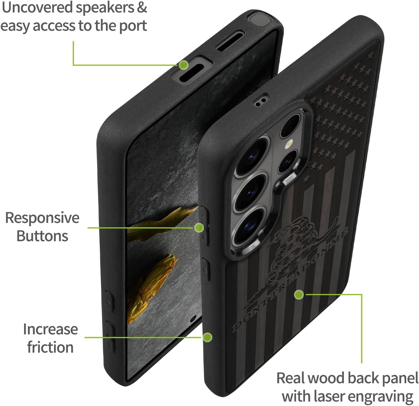Carveit Magnetic Wooden Case for Samsung Galaxy S26 Ultra Case 2026, TPU Shockproof Cover & Wood Artisan Engraved, Compatible with MagSafe Wireless Chargers (Gadsden and The American Flag) Blackwood