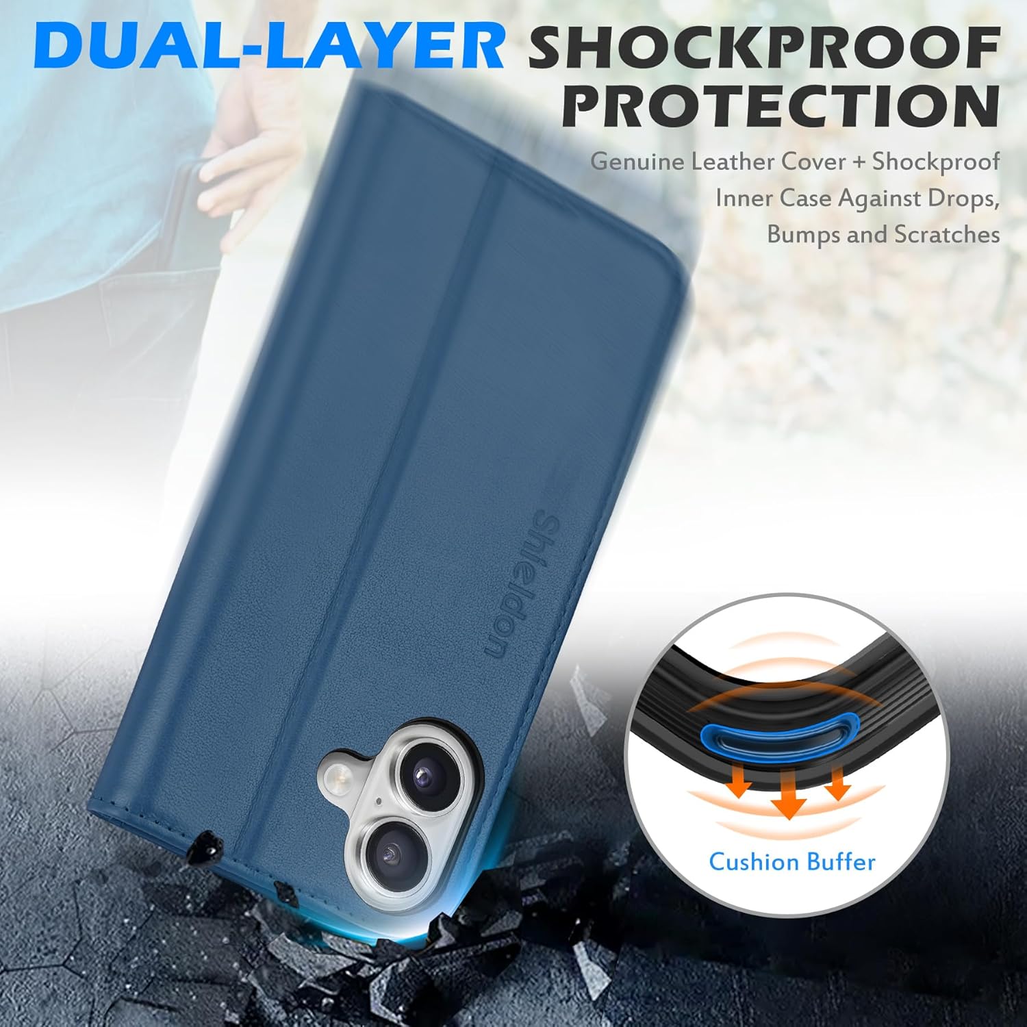 SHIELDON Genuine Leather Wallet Case for iPhone 17 5G 6.3-inch 2025 | RFID Blocking Credit Card Holder | Foldable | Magnetic | Kickstand | Shockproof Cover for Men Women | Royal Blue
