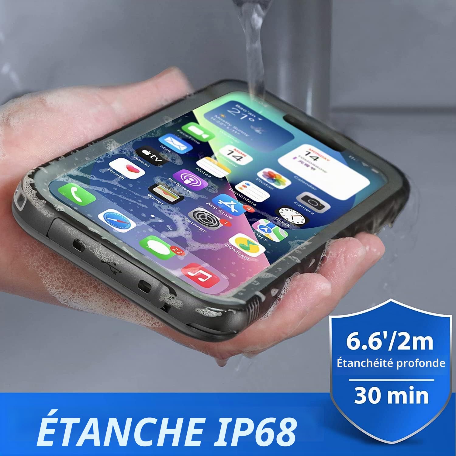 SPORTLINK Coque pour iPhone 13 Étanche Antichoc - 360 degres Incassable Militaire Rigide Intégrale Case/Bumper [IP68 Waterproof/Imperméable] Antipoussière [avec Protection Camera+Écran]-Noir 6,1"