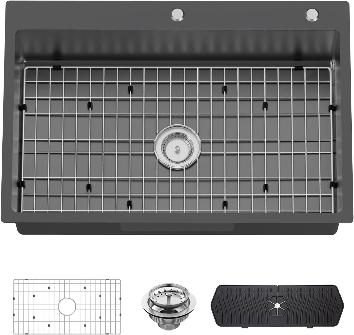 Black 33x22In Stainless Steel Kitchen Sink - Drop In Single Bowl Stylish&Modern Look Large Topmount Sink Offer Generous Workspace Come With SS Grid,Silicon Mat,Drain Assembly For Various Kitchen Style 33x22 Black