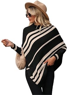 SISKIN Womens Turtleneck Striped Poncho Sweater 2025 Asymmetric Oversized Batwing Casual Pullover Sweater Black M