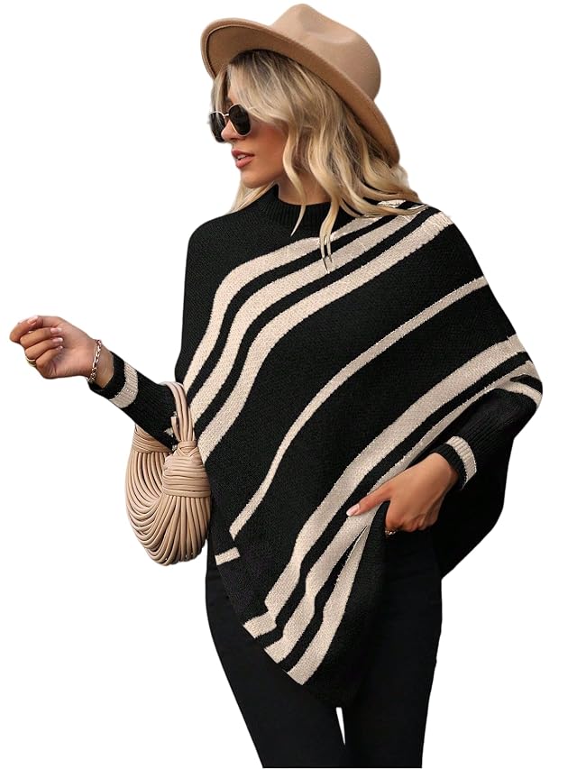 SISKIN Womens Turtleneck Striped Poncho Sweater 2025 Asymmetric Oversized Batwing Casual Pullover Sweater Black M