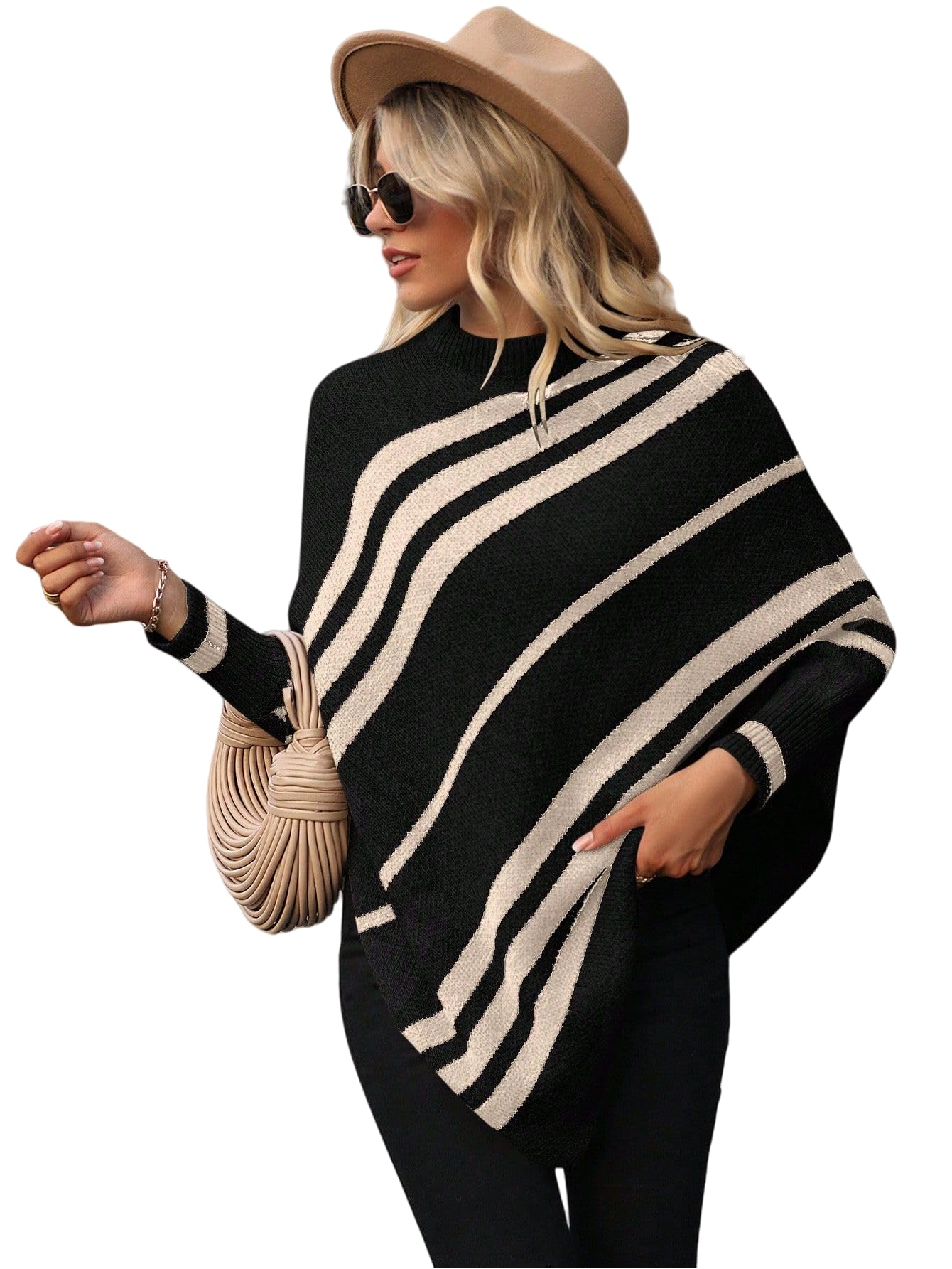 SISKIN Womens Turtleneck Striped Poncho Sweater 2025 Asymmetric Oversized Batwing Casual Pullover Sweater Black M