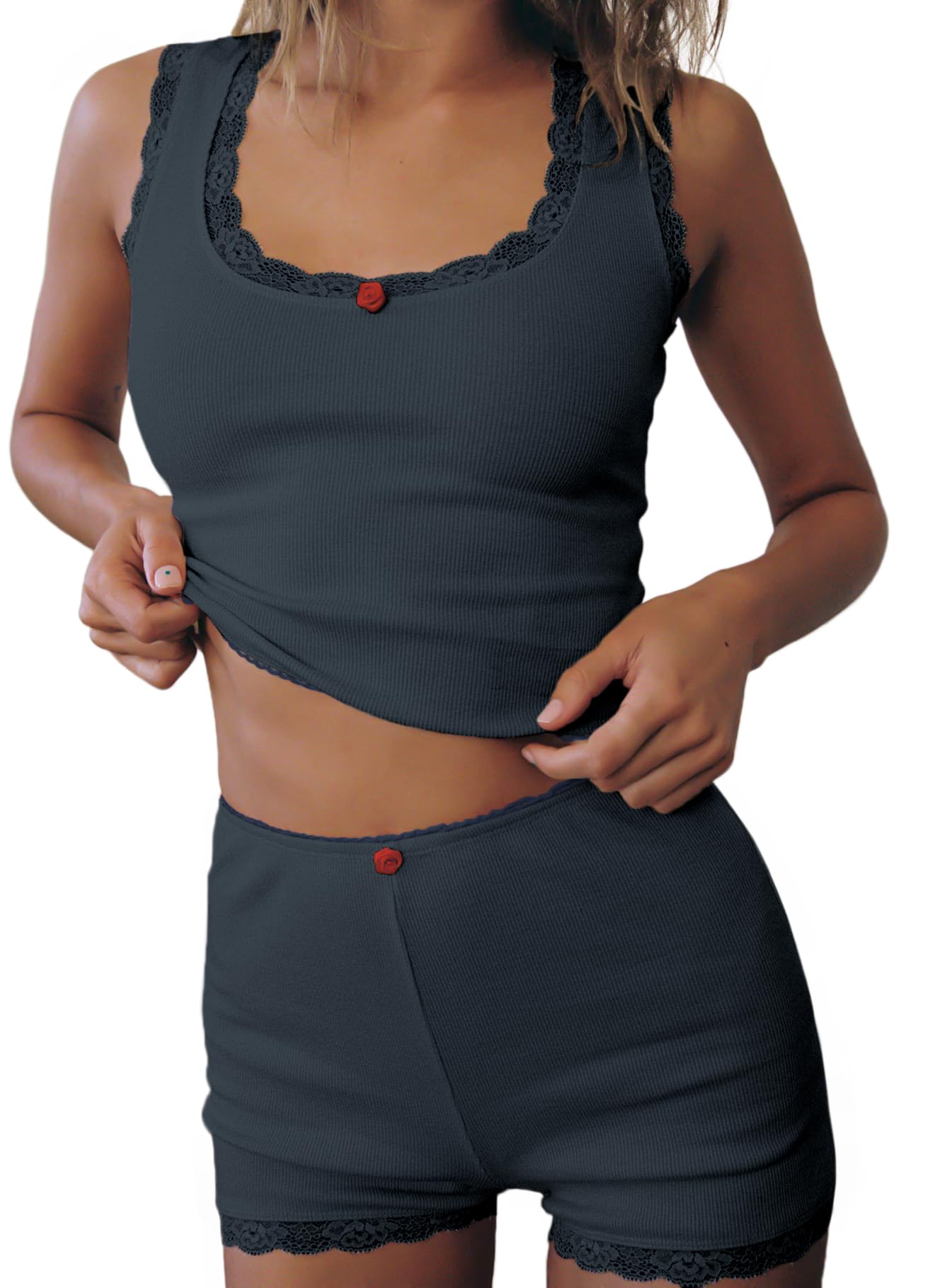 Supersun Pajama Sets For Women 2 Piece Ribbed Tank Top With Lace Trim High-rise Shorts Scooped Neckline Cute Pajamas Sleep Sets Wine Red, Medium: Navy Medium