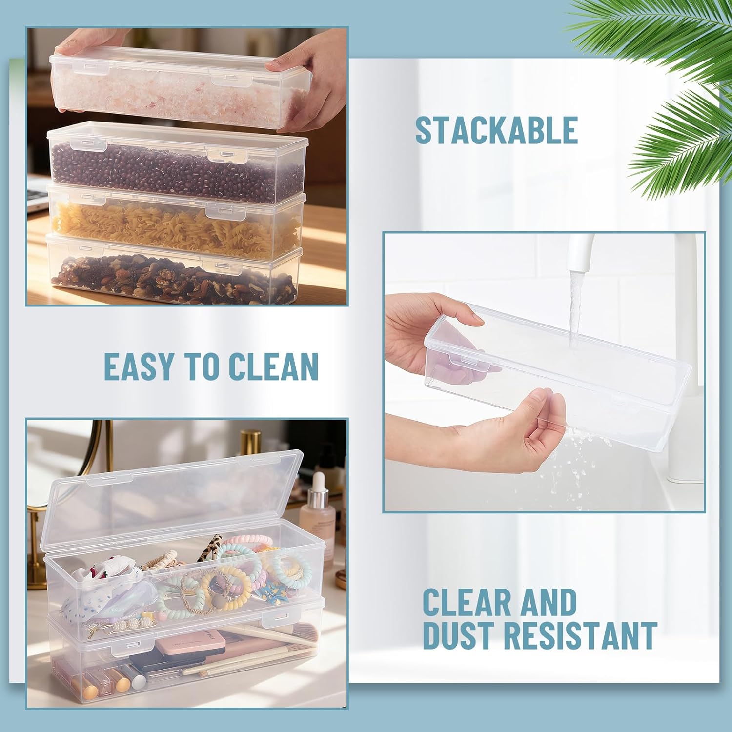 4 Pack Clear Craft and Art Supply Storage Organizer with Lid 11.8 x 4 x 2.8 Inch Plastic Deep Strips Storage Container Stackable Organizer Box for Makeup Paint Brush Cabinets Holds Food Pen Tools