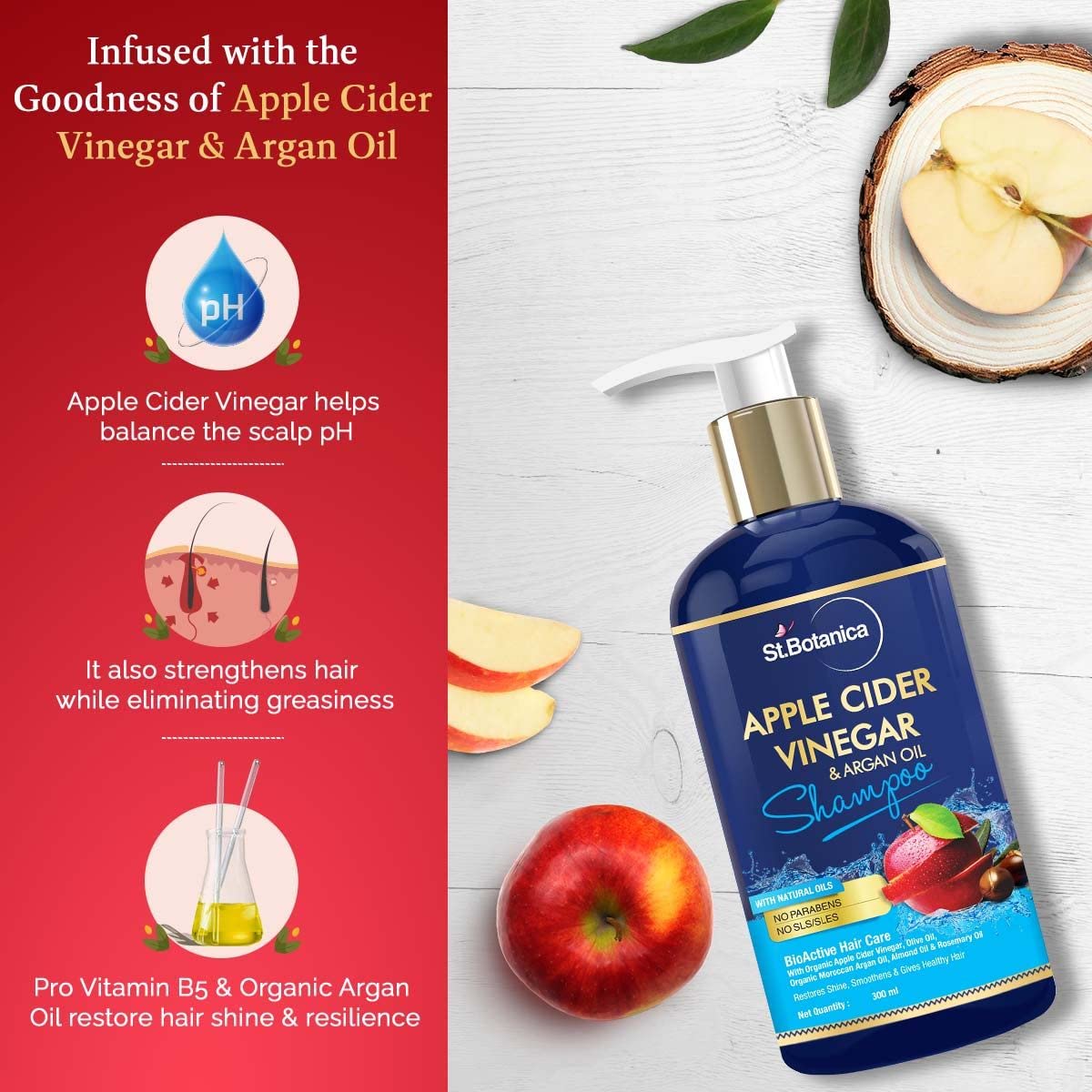 StBotanica Apple Cider Vinegar & Organic Argan Oil Hair Shampoo - 300ml - No Sulphate, No Parabens, No Silicon