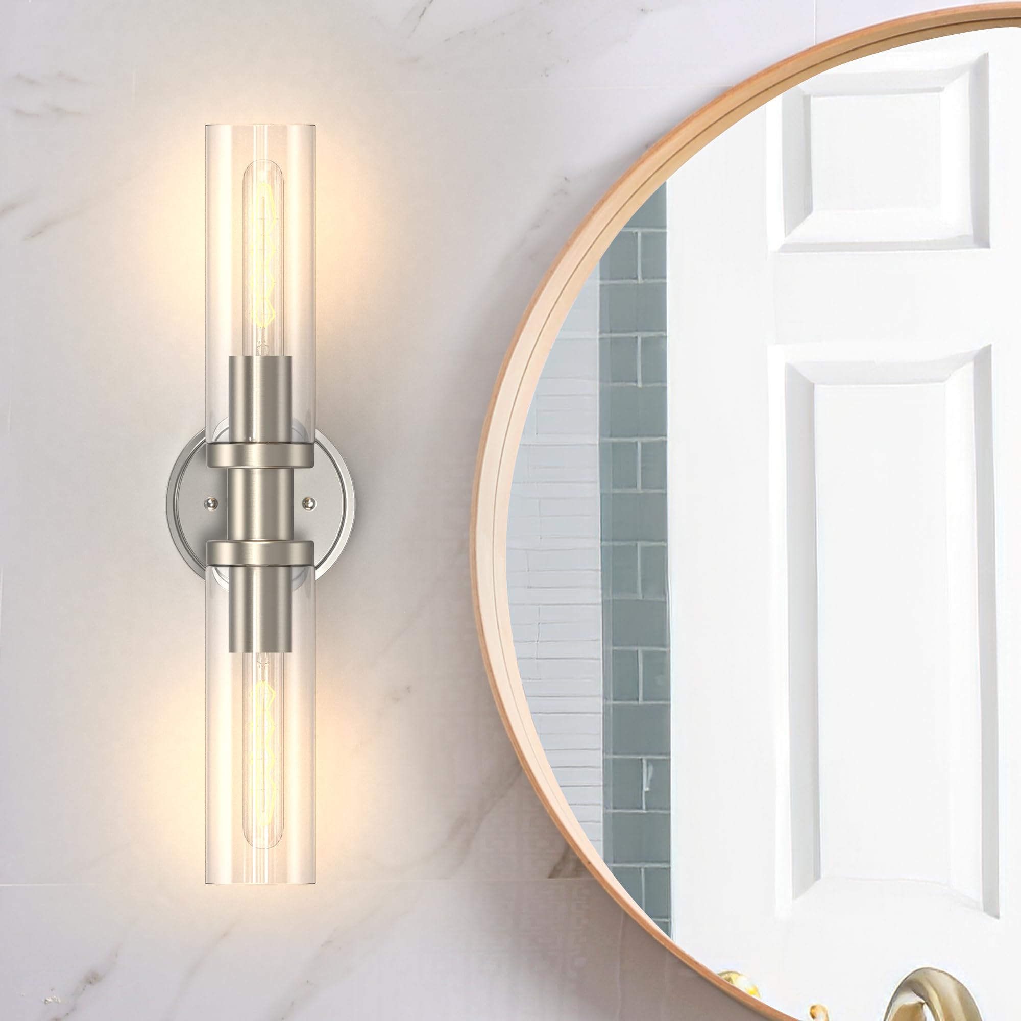 Espird Bathroom Light Fixtures 2-Light Brushed Nickle, Bathroom Vanity Lights Over Mirror, Wall Sconces, Industrial Bathroom Lighting, Modern Brushed Nickle Vanity Lighting Fixtures w/Glass Shades