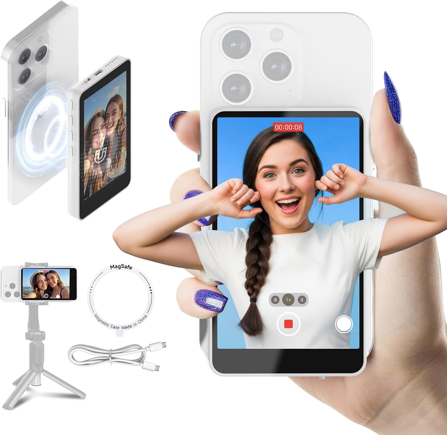 SYNCO XView Selfie Monitor Screen for iPhone & Android, Wireless 4K/1080p Magnetic Back Camera Vlog Monitor with 164FT Range, Built-in Speaker for YouTube TikTok Live Streaming (White)