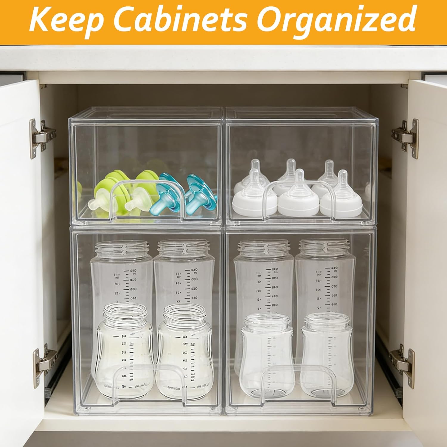 Baby Bottle Organizer 4 Pack Clear Space-Saving Stackable Drawer with Handle for Pacifiers Pump Parts Desk Organizer Bins Station Organizers Container for Countertop Cabinet Bathroom Vanity Pantry
