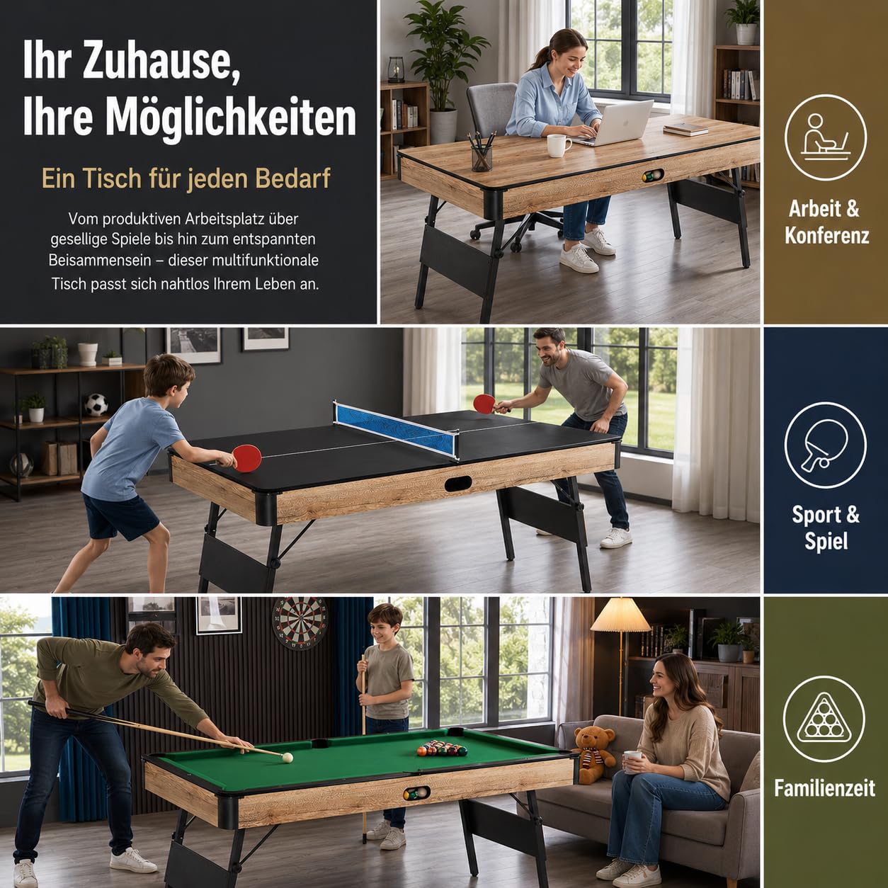Massivholz Billardtisch, 3-teiliger Billard & Billiardtisch, Multifunktionstisch für Wohnzimmer & Partykeller, mit Esstisch Funktion, Schrägbein, zusammenklappbar (#3953)