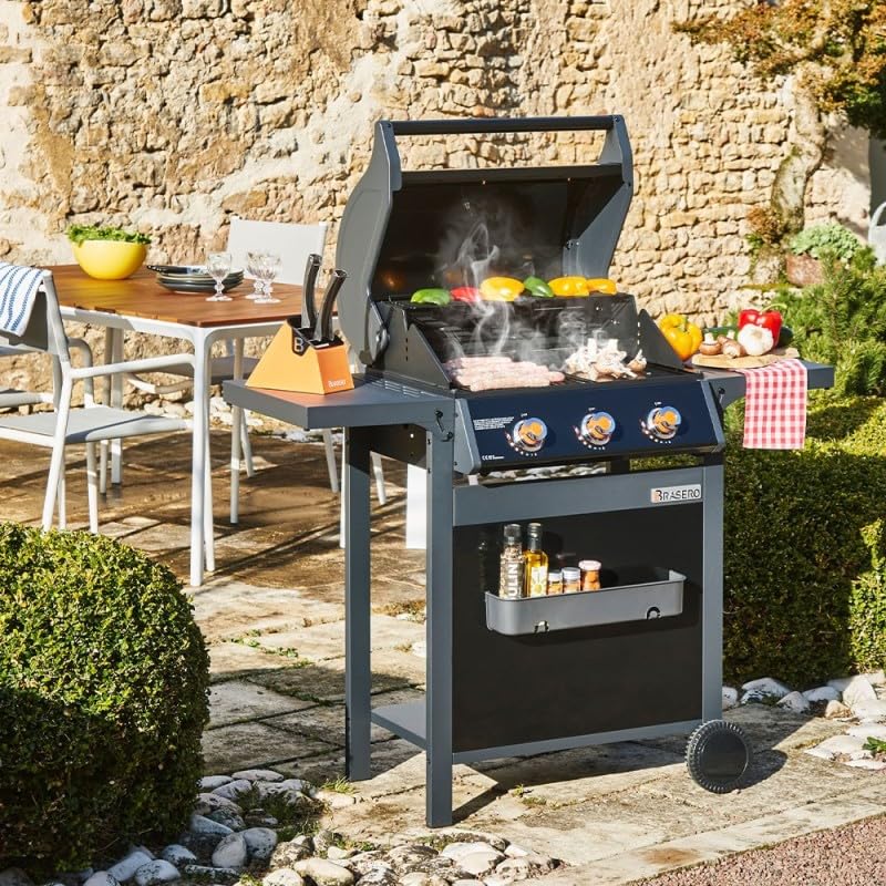 BRASERO BY FAVEX – Barbecue gaz Spring II 3 brûleurs – Surface mixte grille & plancha fonte – 9,95 kW – EASY CLEAN™ – Tablettes rabattables - Jusqu'à 10 convives